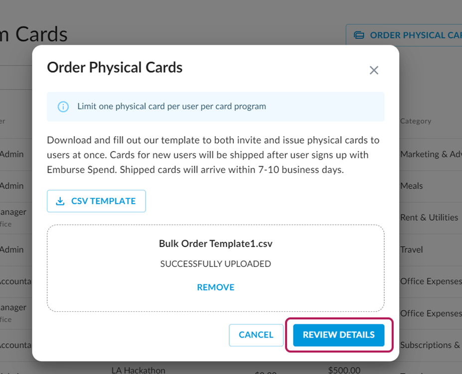 Review Shipping Details page listing addresses for bulk physical card orders.