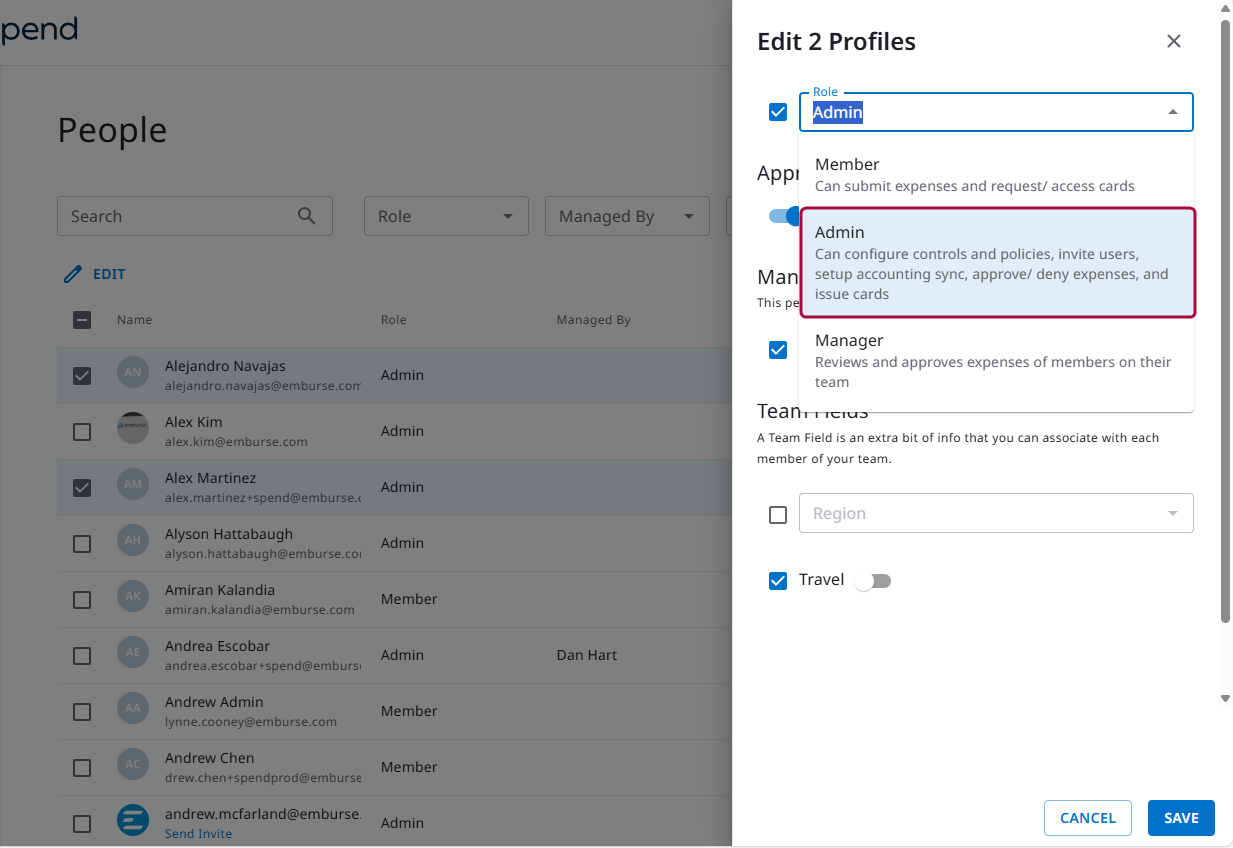 Edit User screen with Admin highlighted in the Role dropdown