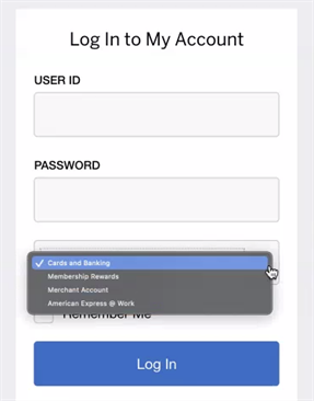 American Express Manage Your Card Account login page with user ID and password fields used for Cards and Banking access.