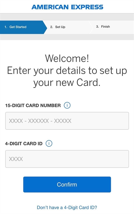 American Express setup page showing fields for 15-digit card number and 4-digit Card ID with Confirm button.