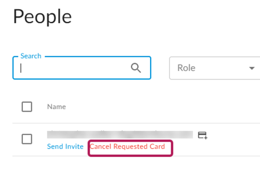 People page showing user row with Cancel Requested Card link.