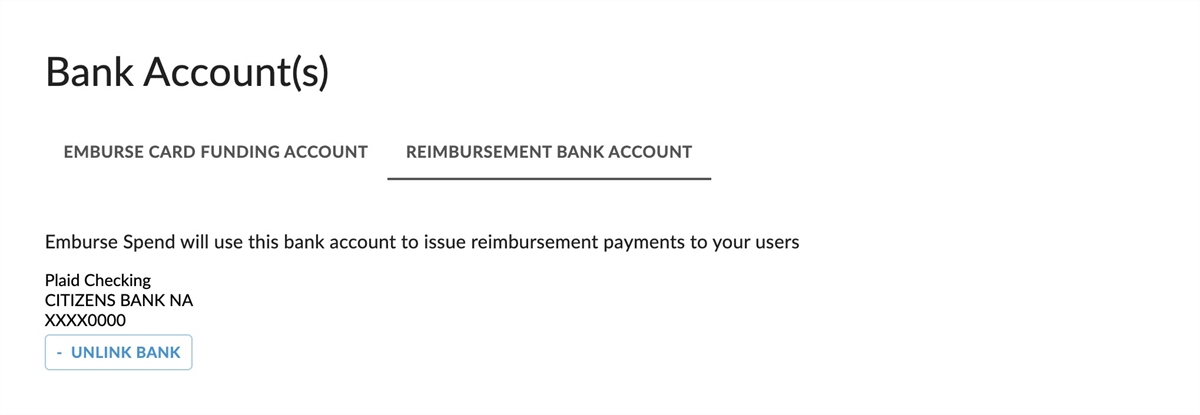 Reimbursement Bank Account tab showing connected account.