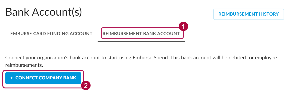Connect Company Bank button on Reimbursement Bank Account tab.