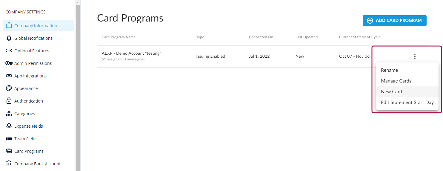 Card Programs screen with More Actions button selected and New Card highlighted in the drop-down list
