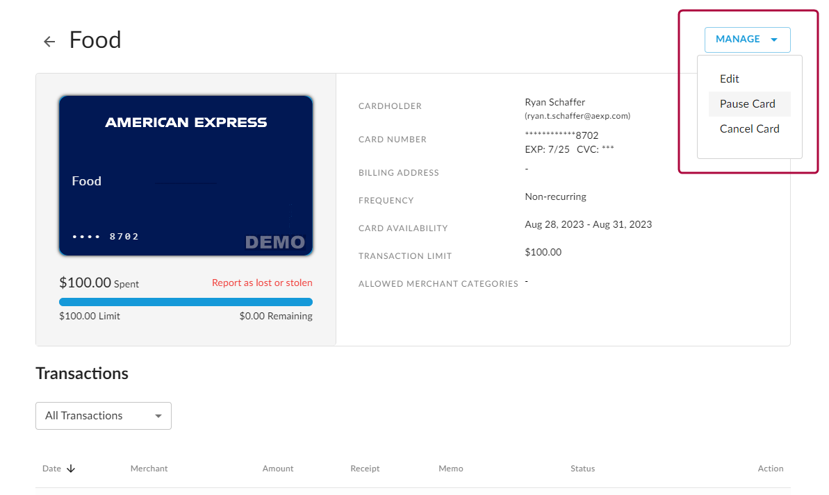 Card Details screen showing a highlight around the Manage button in the uppper right with Edit, Pause Card, and Cancel Card displayed in the drop-down