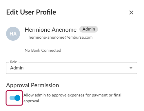 Edit User Profile window with Approval Permission toggle turned off for admin expense approval.