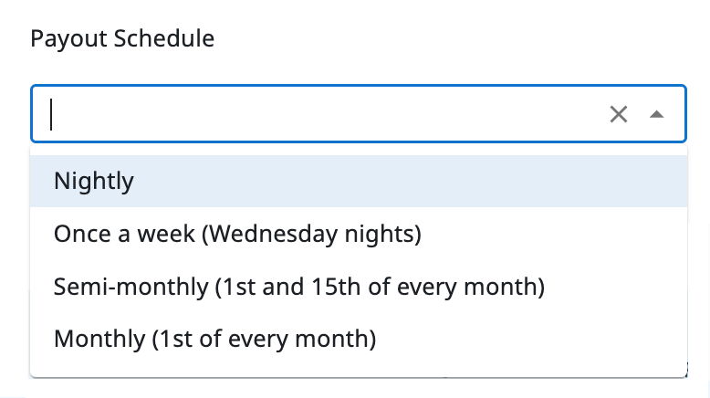 Payout Schedule dropdown with payment frequency options.