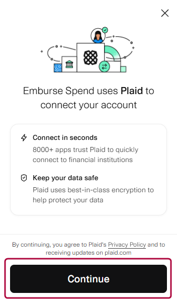 Continue button on Plaid connection screen.