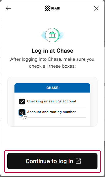 Plaid login screen requesting bank username and password.