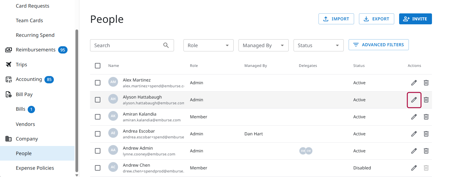 People page displaying user list with Edit icon highlighted beside member profile