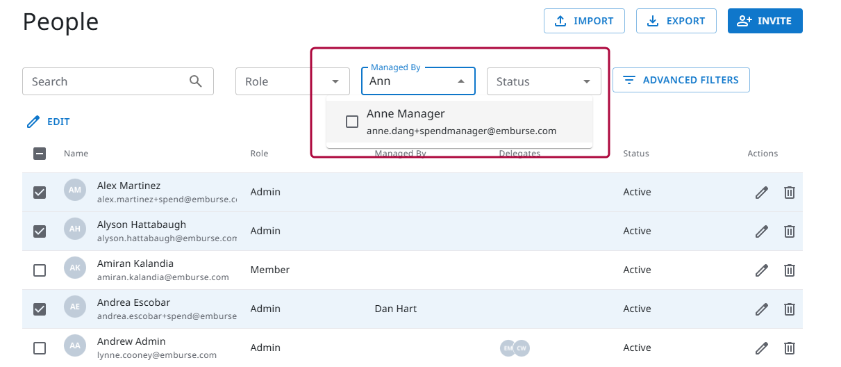 People page with multiple users selected and Managed By filter expanded showing Aa manager.
