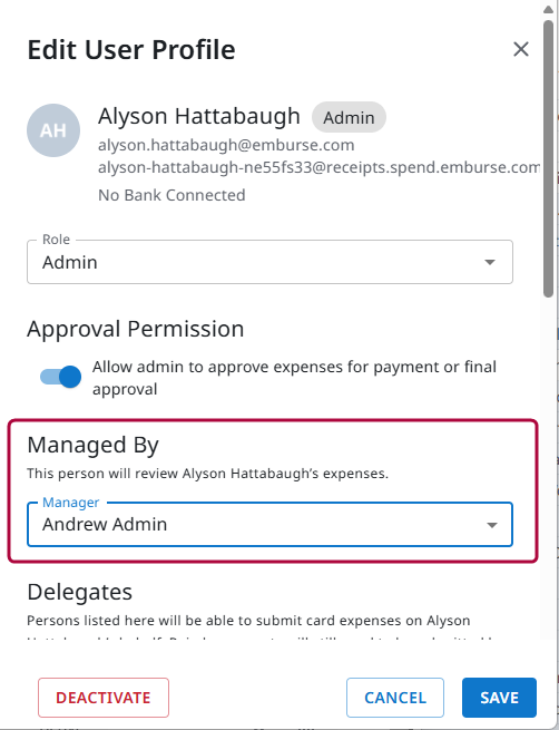 Edit User Profile window showing Managed By field with user selected as the manager