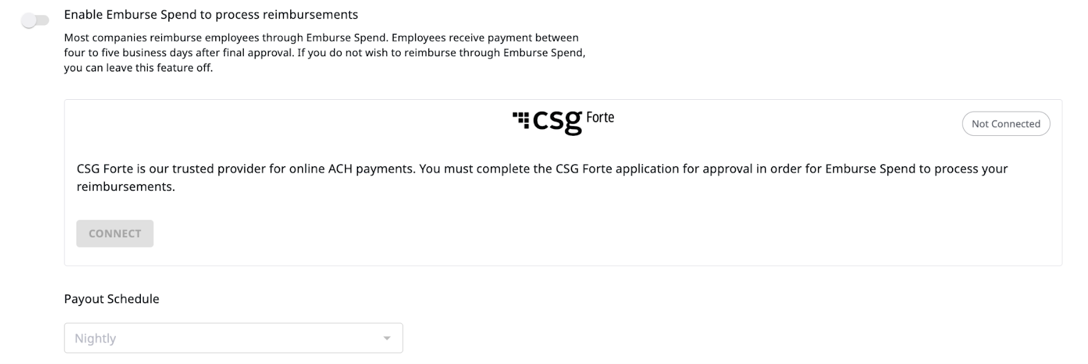 Enable Emburse Spend to Process Reimbursements toggle turned on.