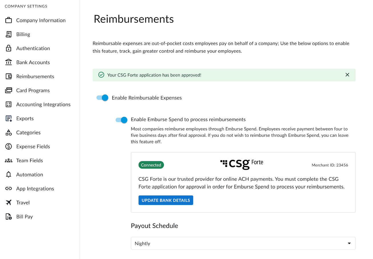 CSG Forte application Connected status and success message.