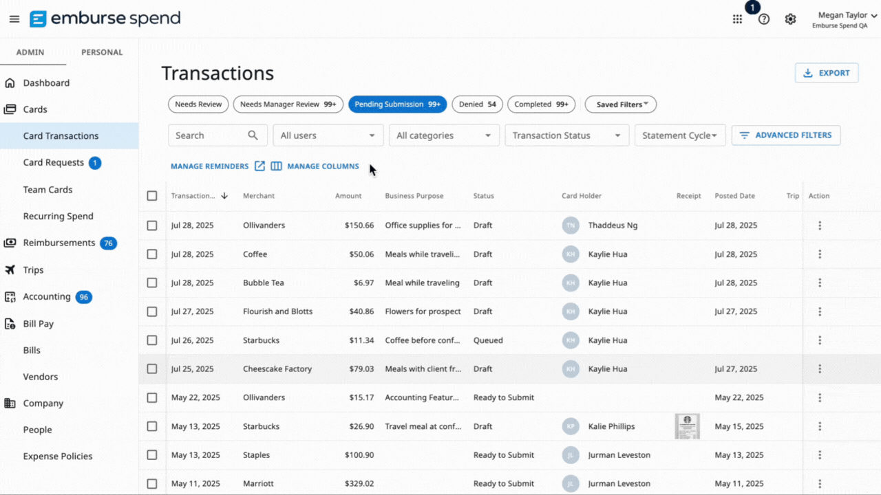 Admin edits and submits multiple transactions from the Pending Submissions tab.