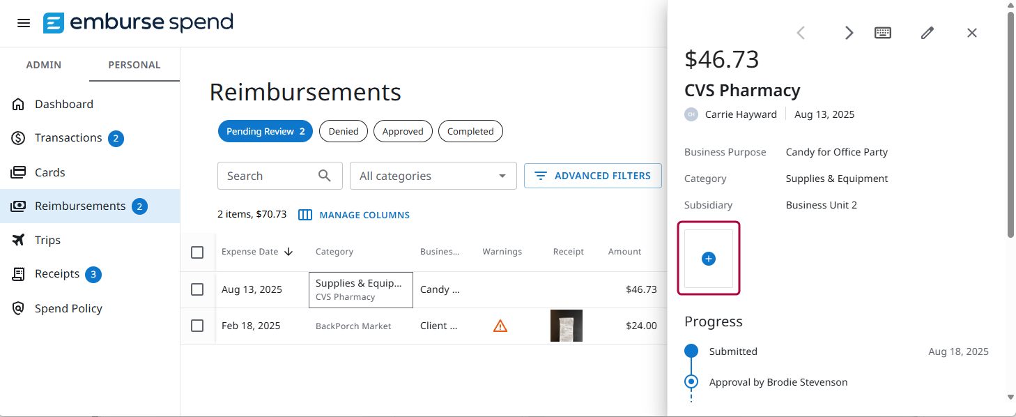 Reimbursements screen with expense open and plus button highlighted