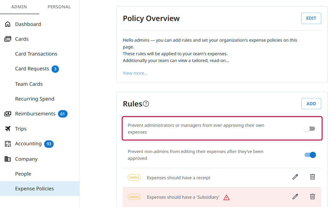 Expense Policies page showing rule toggle: “Prevent administrators or managers from ever approving their own expenses.”