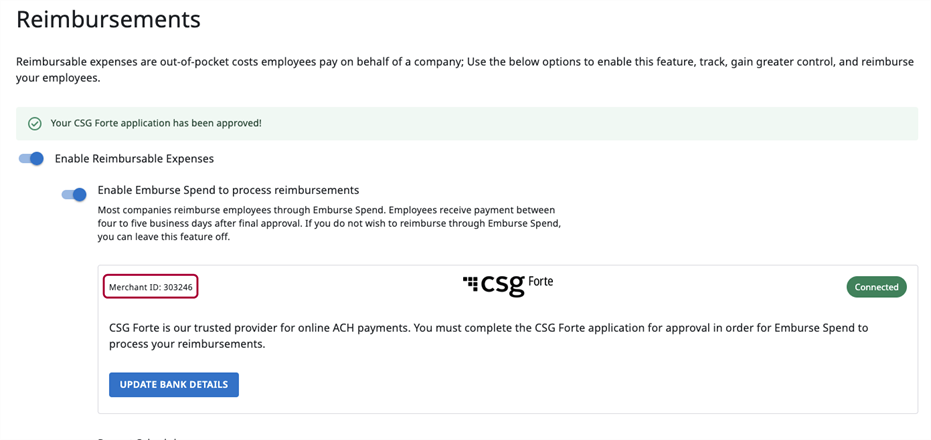 Closeup of the CGS Forte information box with Merchant ID highlighted in upper left corner