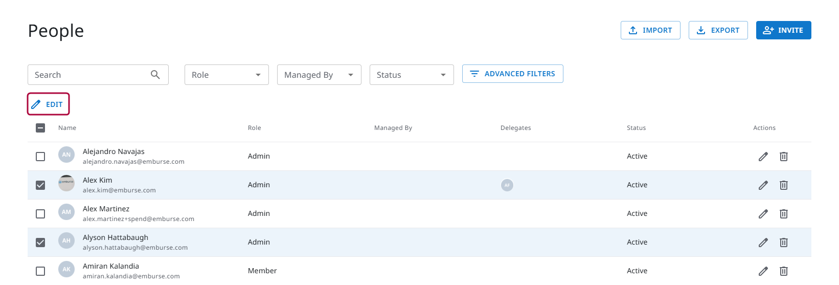 People screen with multiple users selected and Edit button visible.