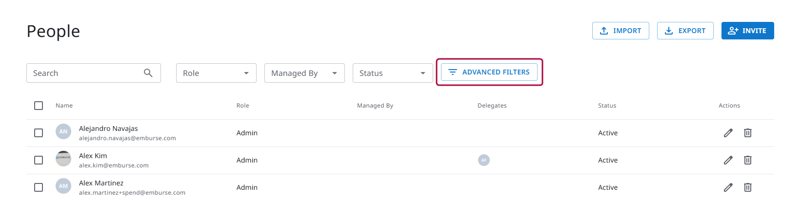 Advanced Filters menu expanded on the People screen.