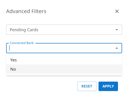 Connected Bank filter dropdown with Yes and No options selected.