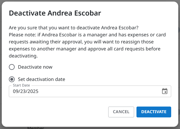 Deactivation window with options to deactivate immediately or set a future date.