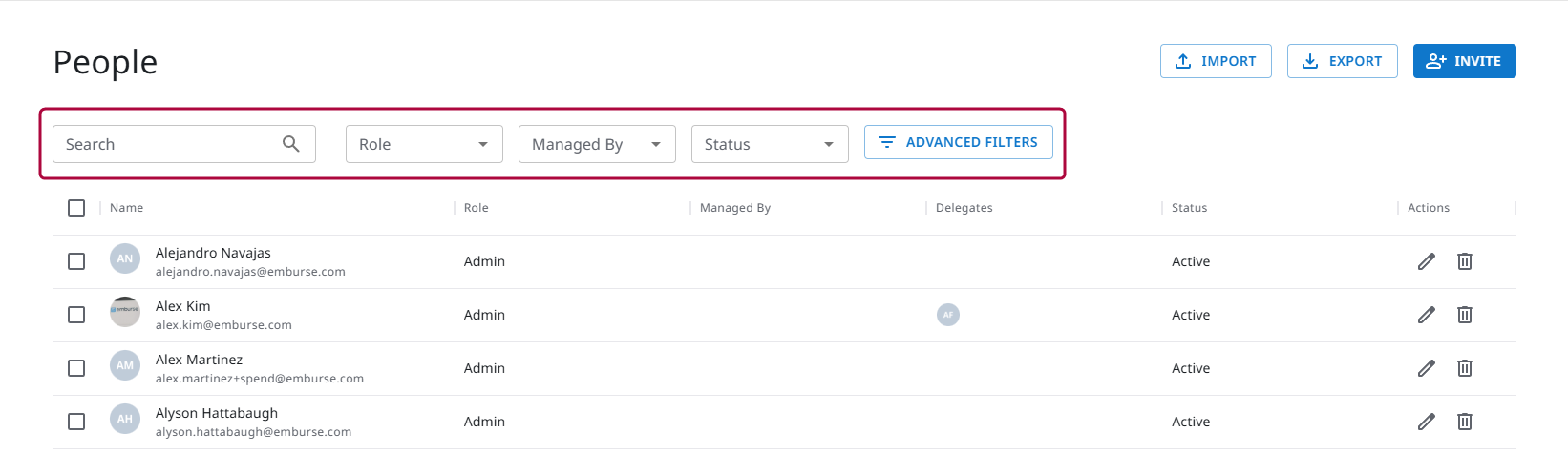 People screen showing filters and search bar above user list.