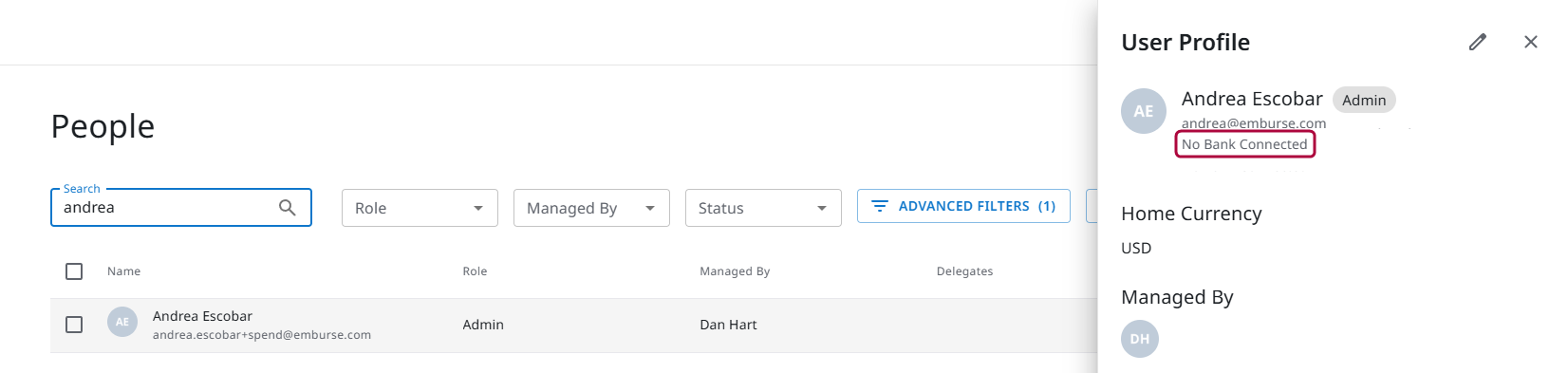 User profile displaying “No connected bank account” under name and email.