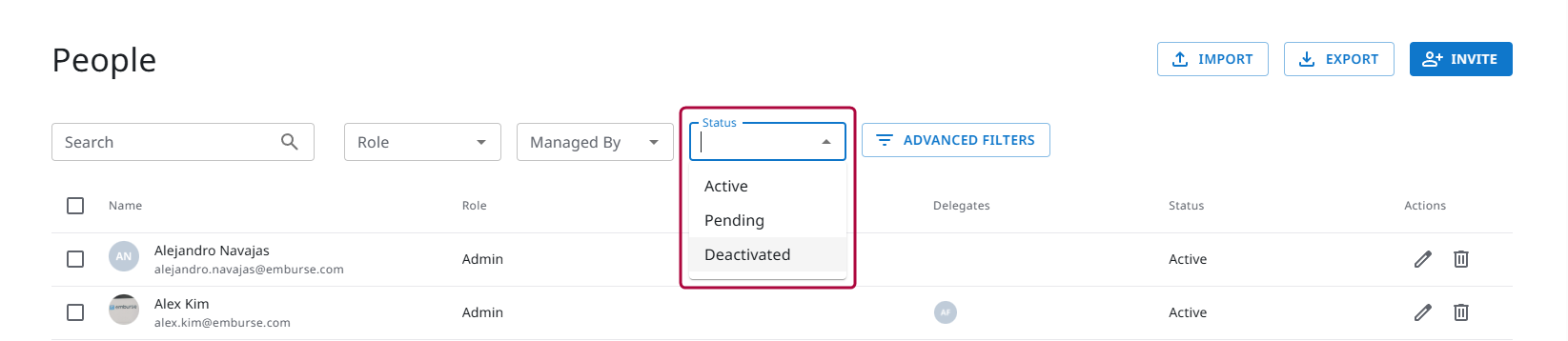 Status filter dropdown set to Deactivated on the People screen.