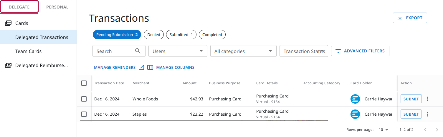Sidebar in Emburse Spend showing the Delegate tab selected with options for Cards, Delegated Transactions, Team Cards, and Delegated Reimbursements.