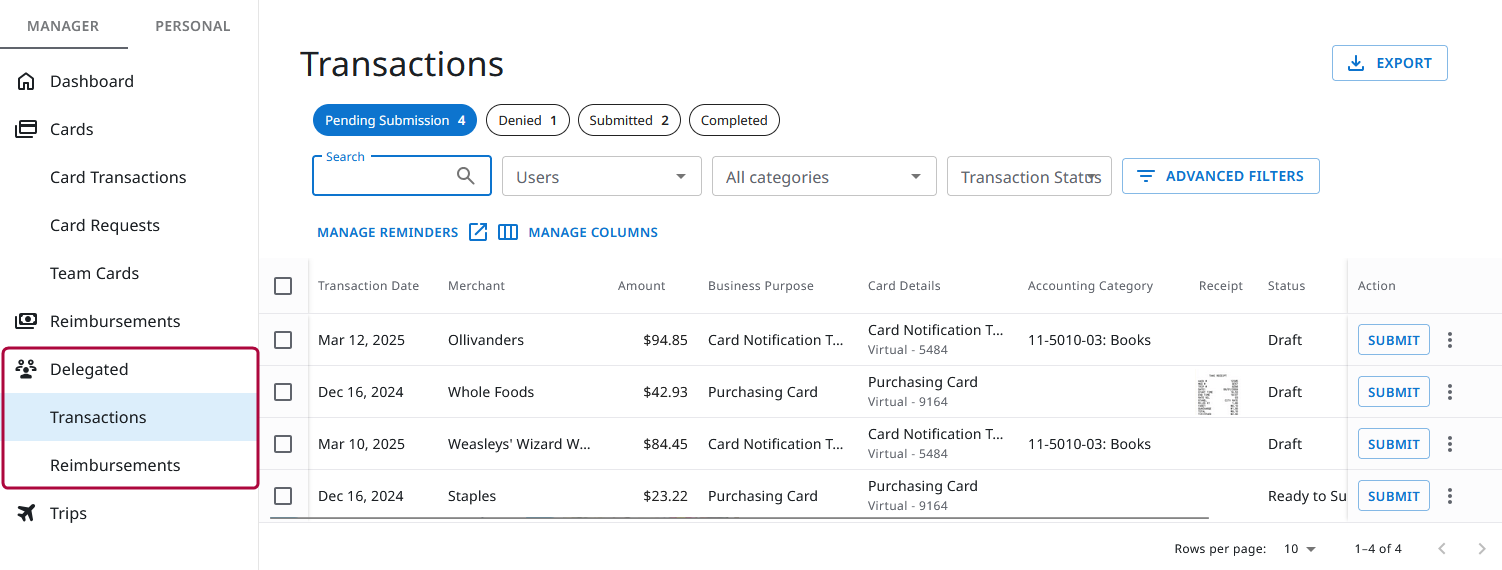 Manager sidebar in Emburse Spend displaying the new Delegated section with Transactions and Reimbursements listed under it.