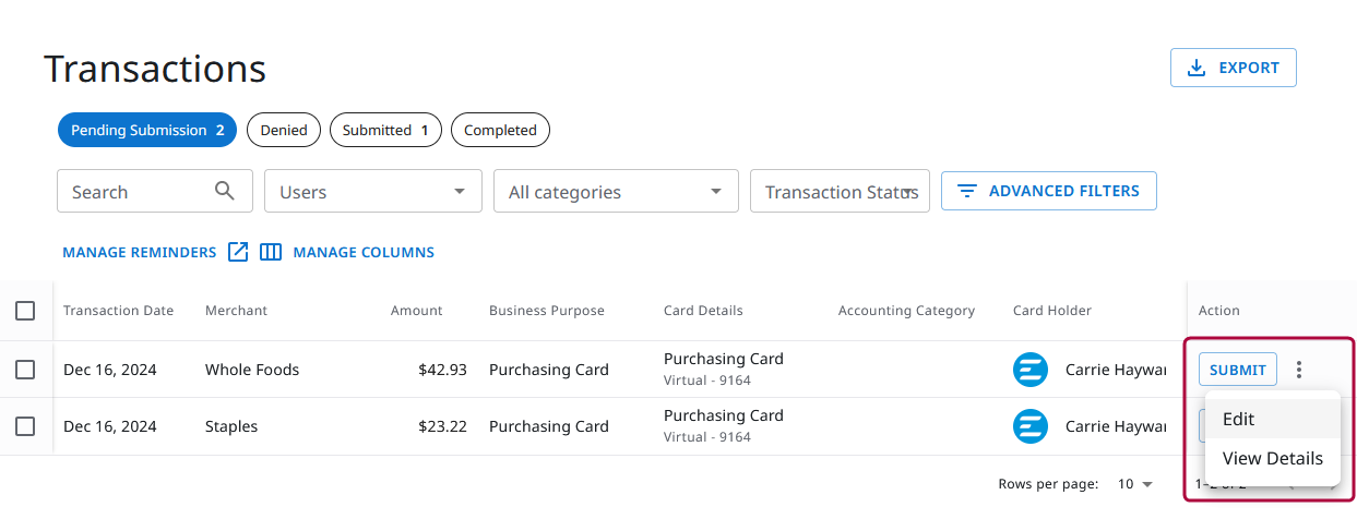 Action menu open beside a transaction with Edit and View Details options visible.