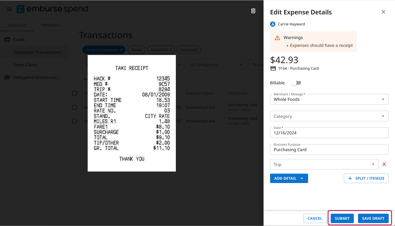Edit Expense Details panel showing Save Draft and Submit buttons highlighted at the bottom.