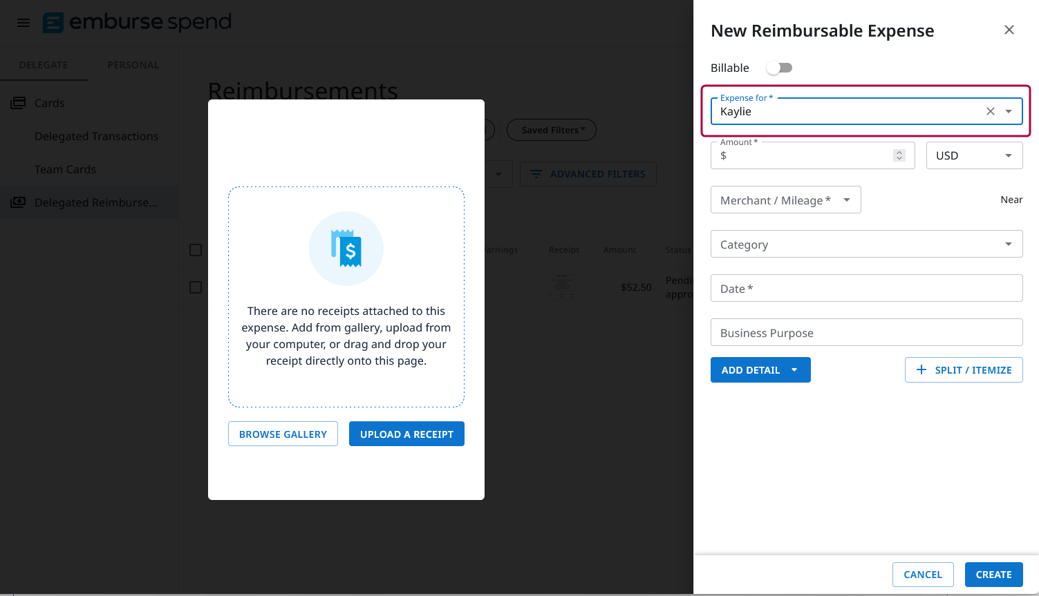 New Reimbursable Expense form with the Expense For dropdown highlighted, showing the delegate selecting a user.