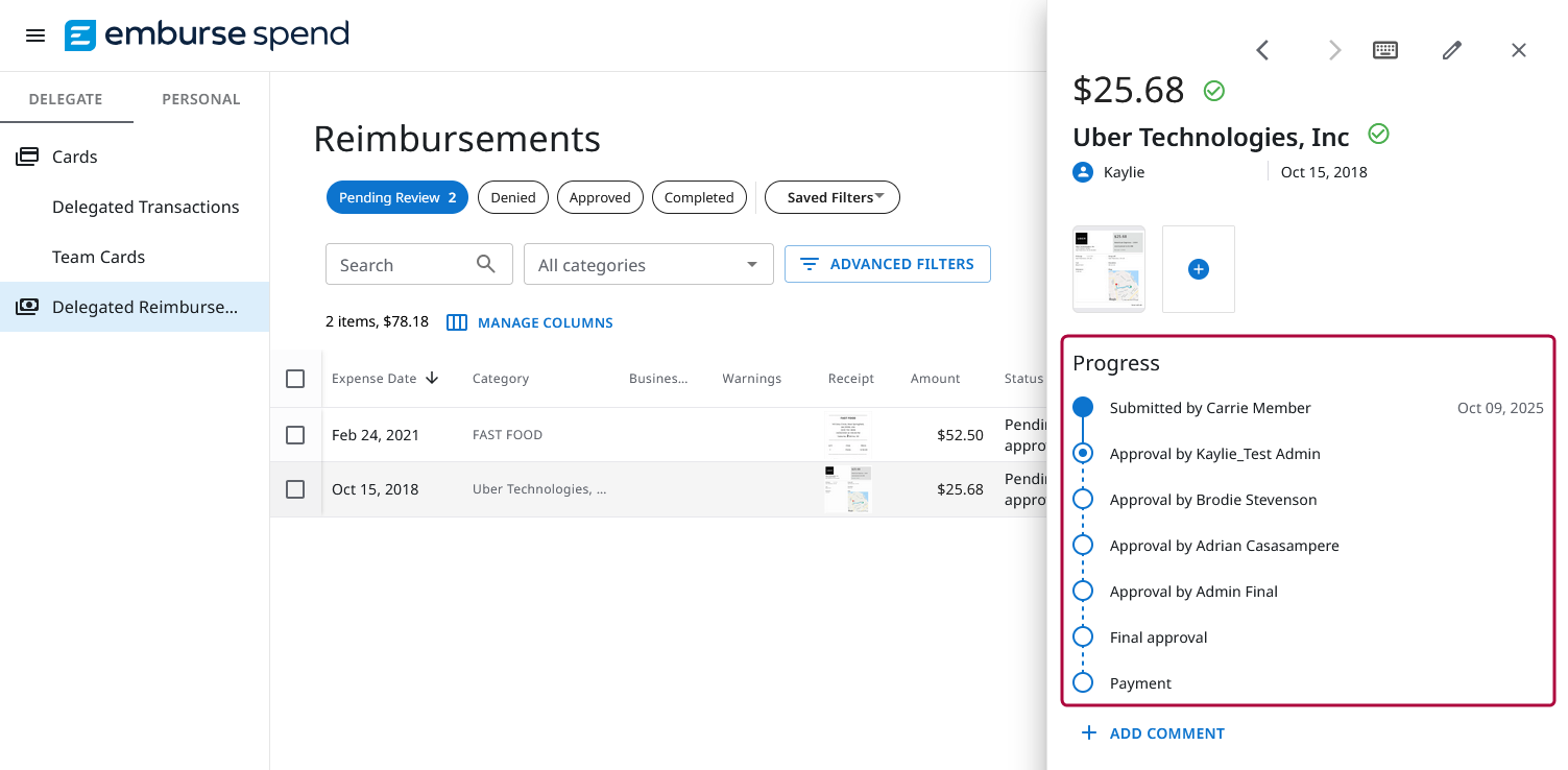 Delegated Reimbursements page showing a reimbursement’s Progress panel with a timeline of submission and multiple approval steps.