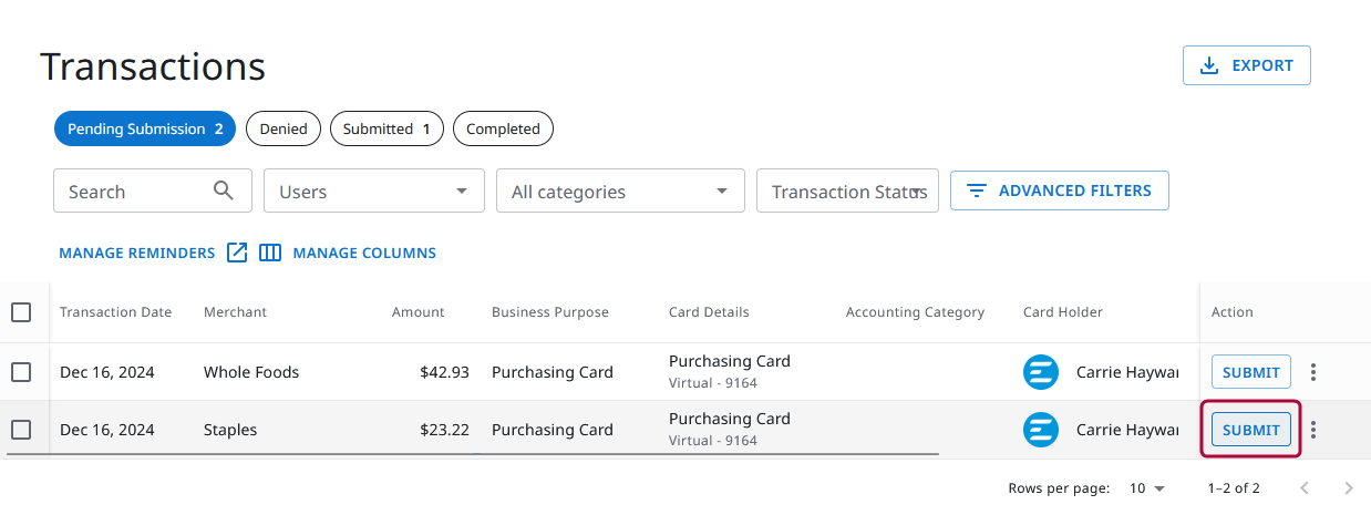 Transactions list highlighting the Submit button in the Action column for a corporate card expense.