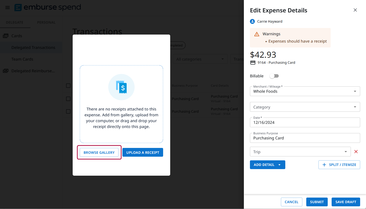 Edit Expense Details window with the Browse Gallery button highlighted for attaching a receipt.