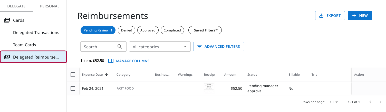 Delegated Reimbursements page displaying a list of reimbursements under the Pending Review tab.