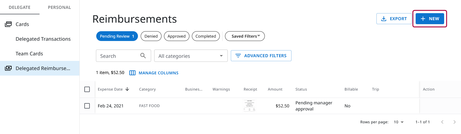 Reimbursements page with the New button highlighted in the upper-right corner for creating a new reimbursement.