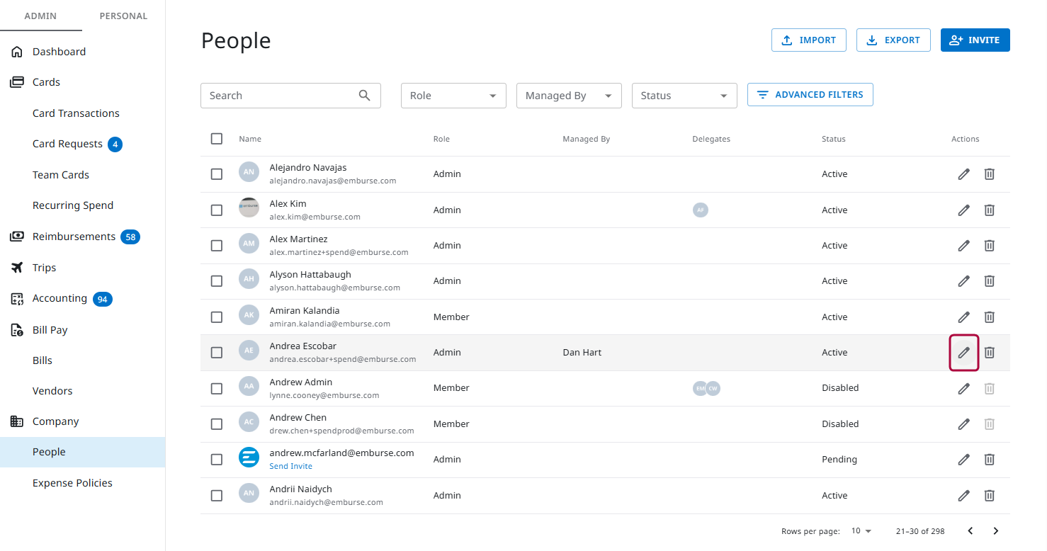 People screen showing the Edit button highlighted beside a user’s name in the Actions column.