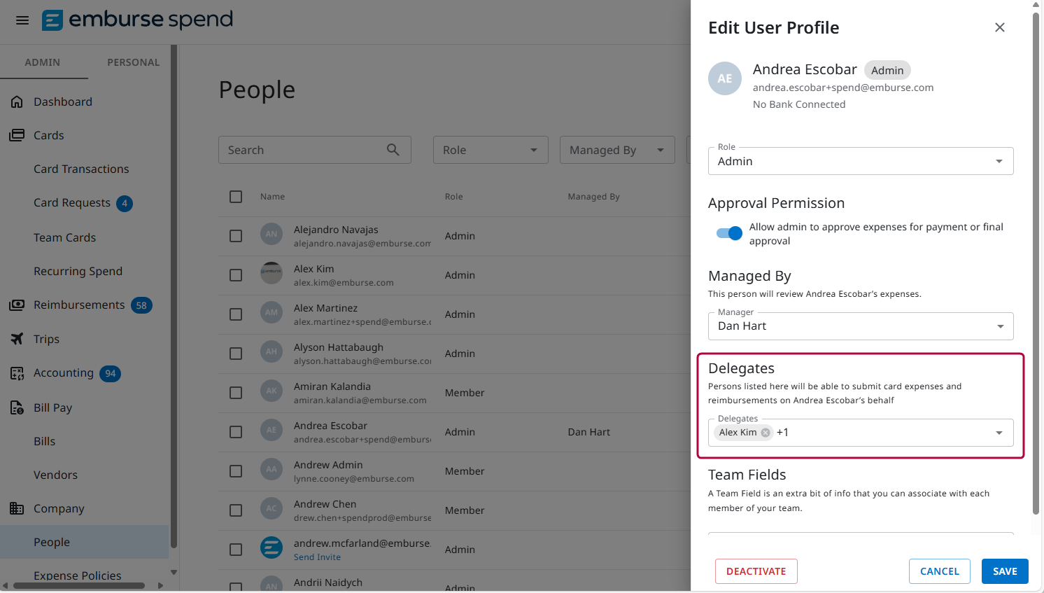 Edit User Profile panel with the Delegates dropdown highlighted, showing selected users who can act as delegates.