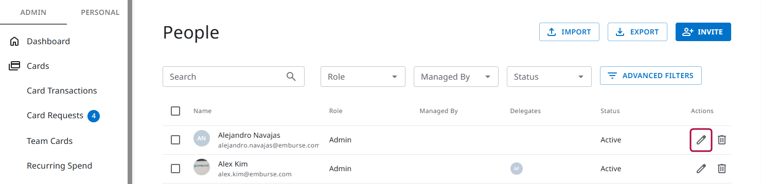 People page showing two Admin users with Edit icon highlighted to open user profile.