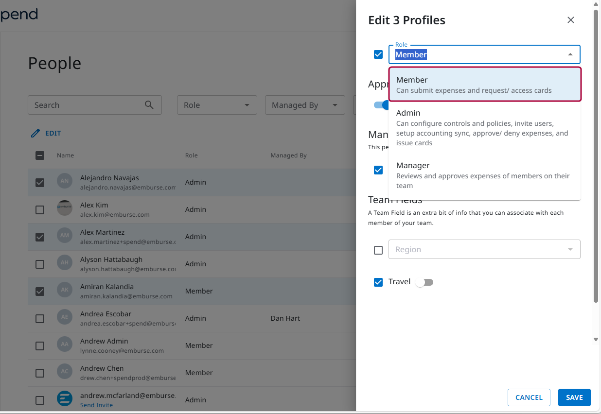 Edit 3 Profiles window with Role dropdown expanded and Member selected to allow expense submission