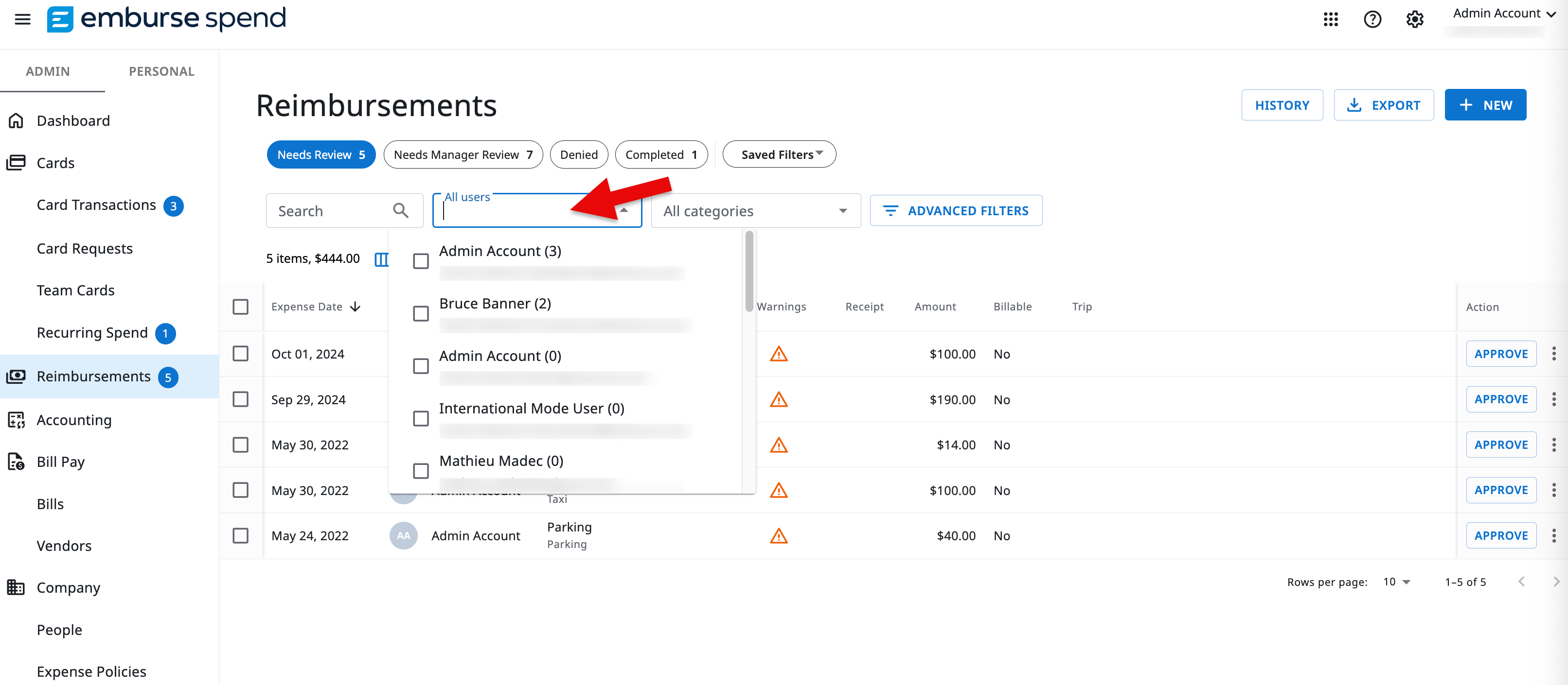All Users dropdown menu used to select a specific employee