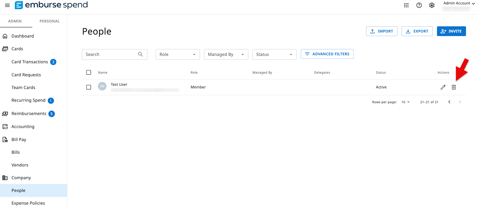 Deactivate user screen with trash can button highlighted