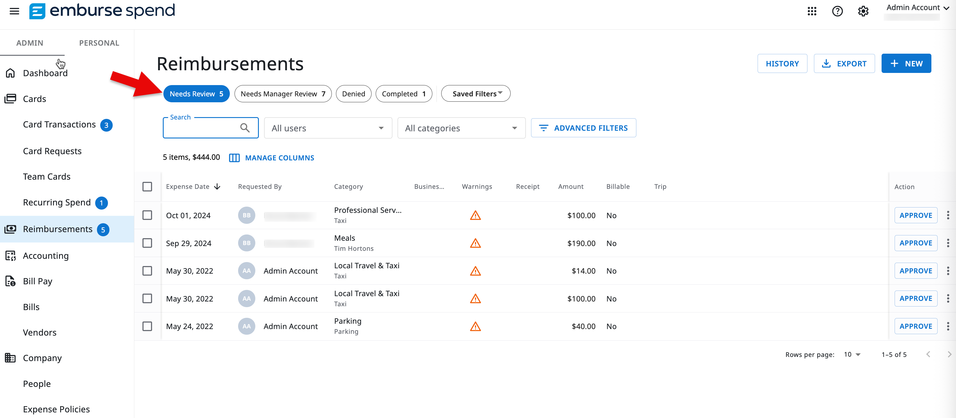 Reimbursements Needs Review page showing list of pending reimbursements