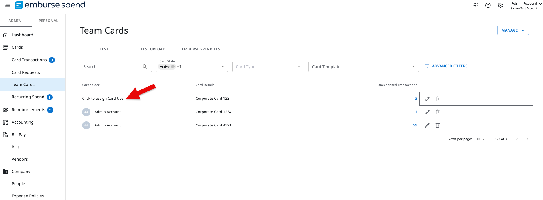 Assign card user screen showing Click to assign Card User field