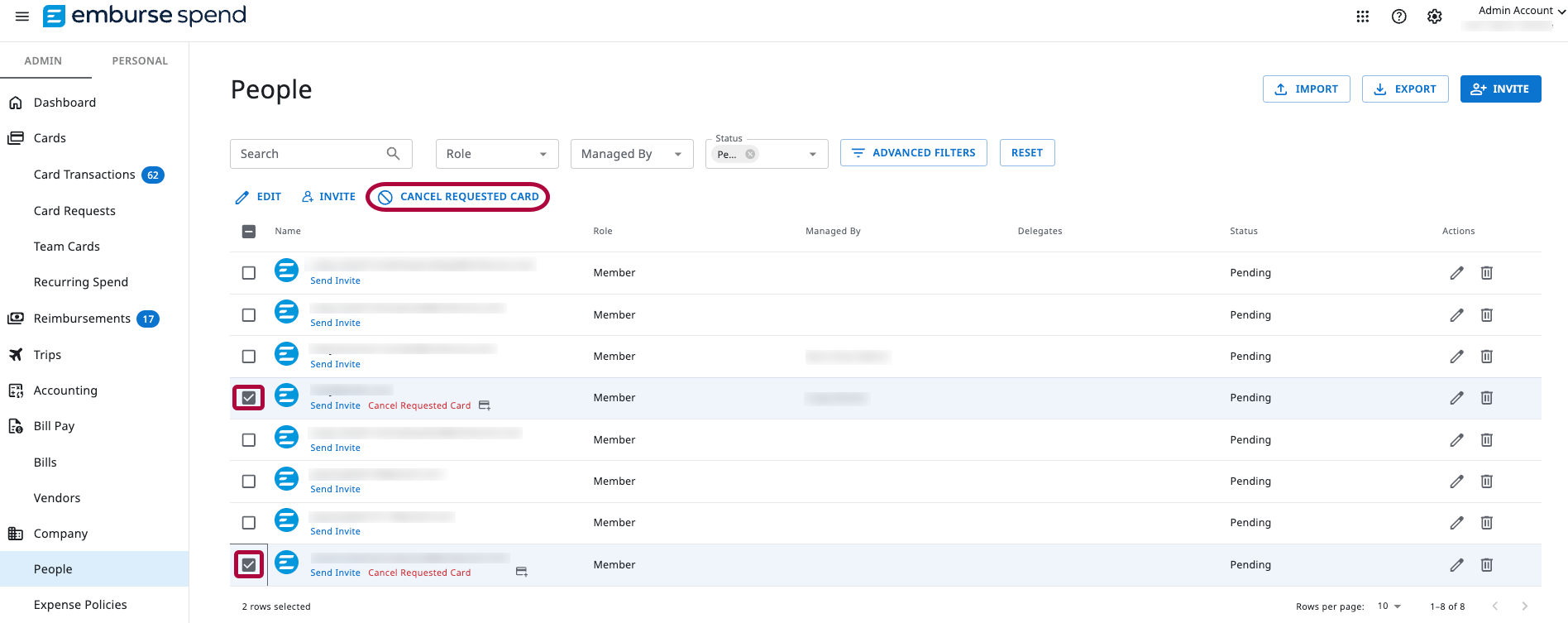 People page showing user entry with Cancel Requested Card option for pending invitation.