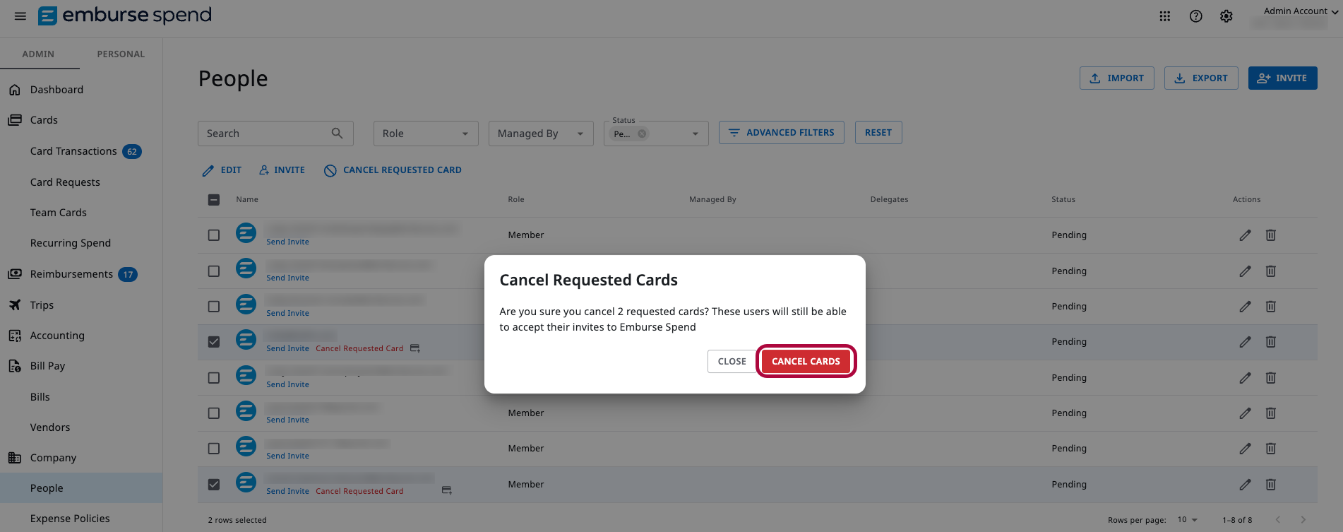 Cancel Requested Cards confirmation dialog listing multiple pending invite users for bulk cancellation.