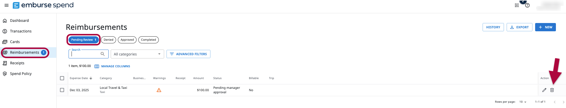 Reimbursements Pending Review screen with Trash Can option for an expense